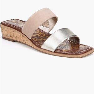 Sam Edelman Vena, Gold and Tan Leather Slide Wedge Sandals; 7.5M.